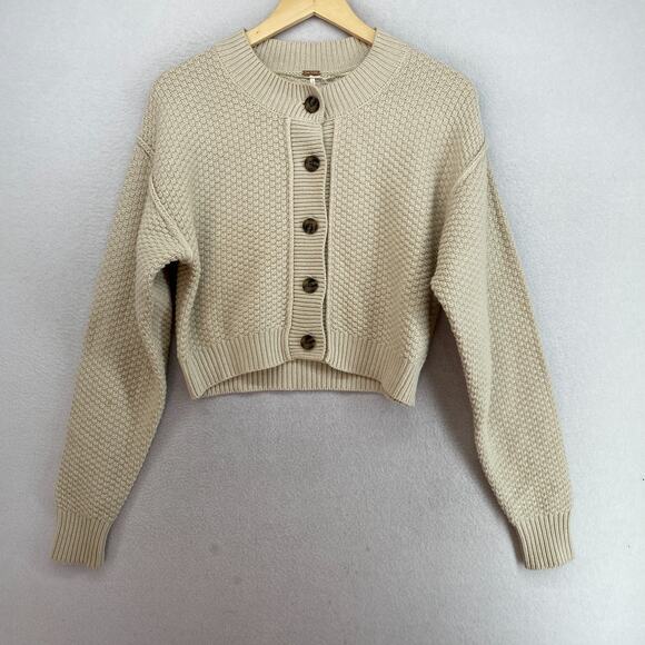 FREE PEOPLE Cardigan Womens XS Lila Cardi Cropped Button Front Sweater Beige NEW - Picture 7 of 15